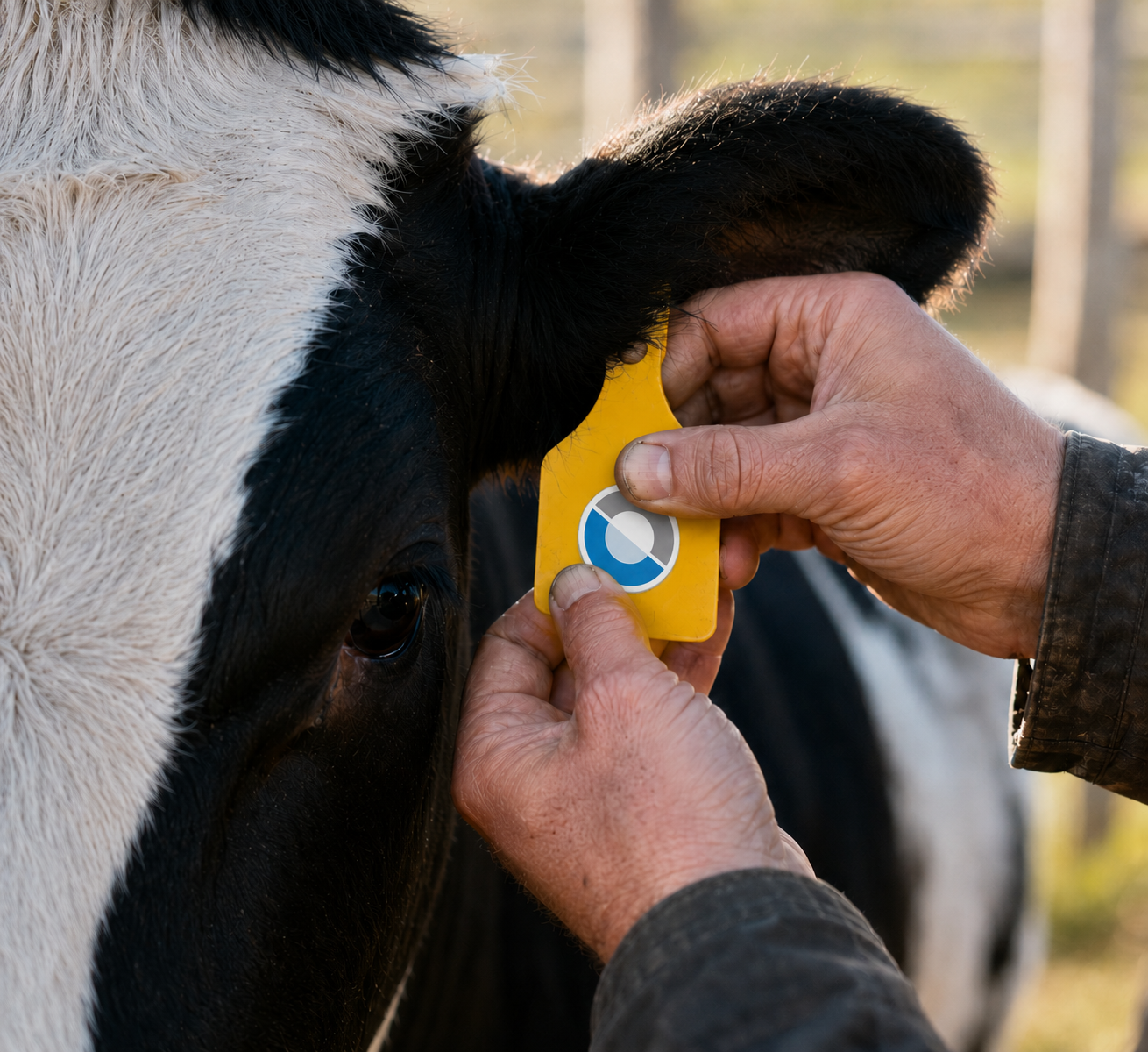 Hands attaching a Datawear sticker to a cattle ear tag